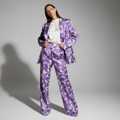 Purple printed blazer and pant suit, front view - ARTSAY