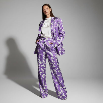 Woman wearing purple printed pant suit, styled look - ARTSAY