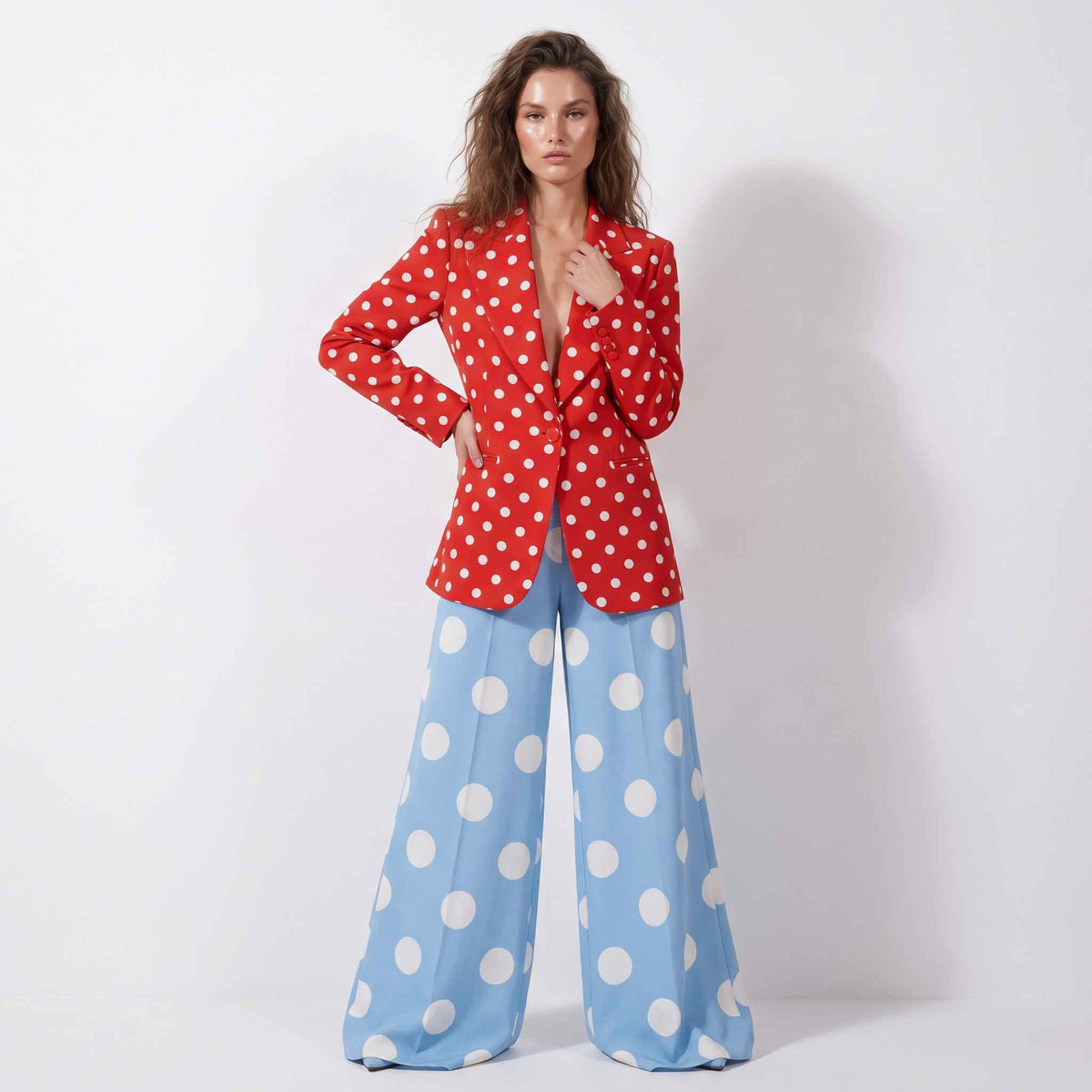 Red and sky blue polka dot blazer and wide-leg trouser set, front view - ARTSAY