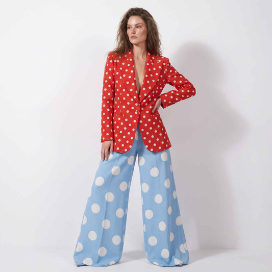 Woman wearing red sky blue polka dot blazer pant suit, styled look - ARTSAY