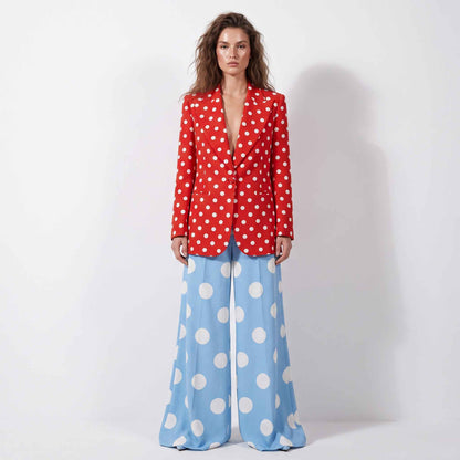 Close-up of polka dot print on blazer fabric - ARTSAY