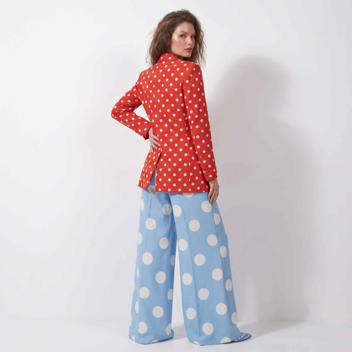 Red and sky blue polka dot pant suit, back view - ARTSAY