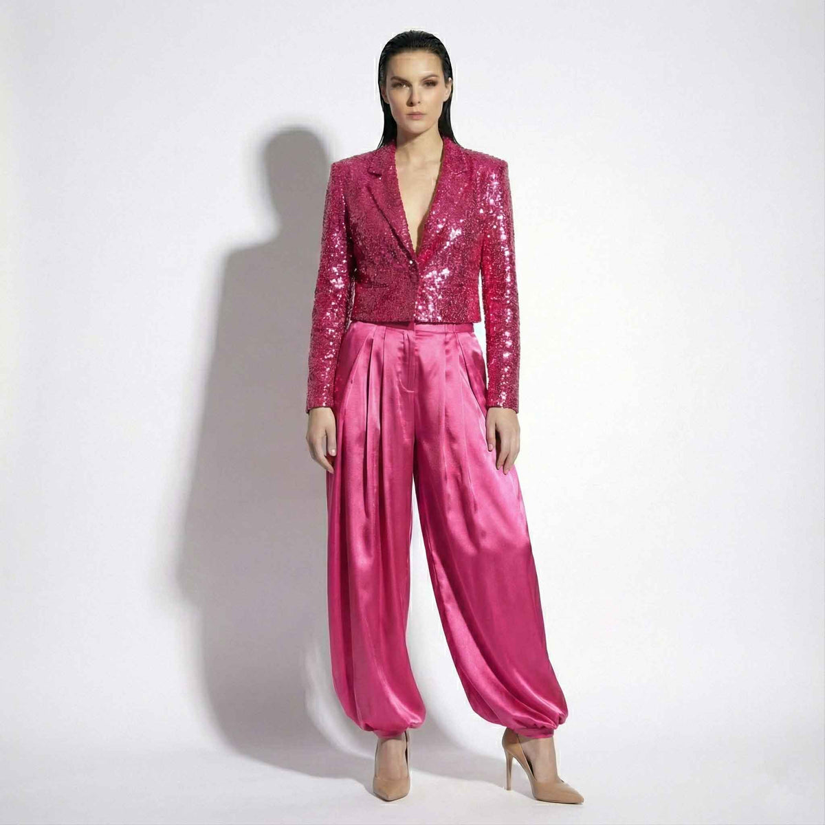 Sequin blazer and palazzo pant set, front view - ARTSAY