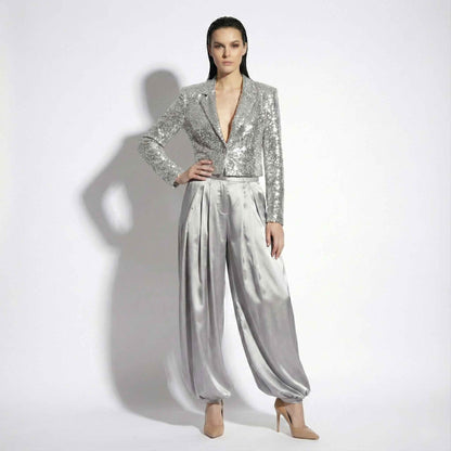 Woman wearing sequin blazer palazzo set, styled look - ARTSAY