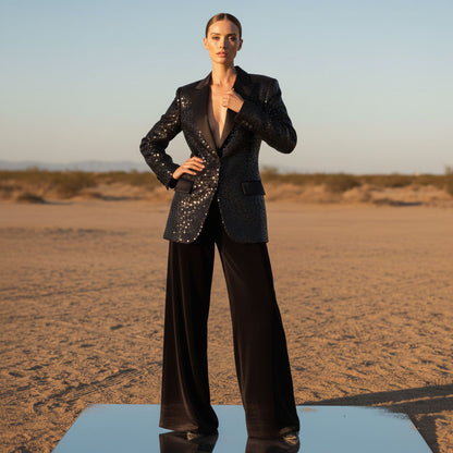 Sequin blazer and velvet wide-leg pant set, front view - ARTSAY