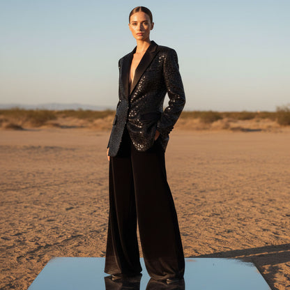 Woman wearing sequin blazer velvet pant set, styled look - ARTSAY