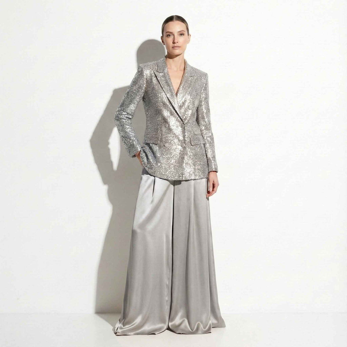 Sequin blazer and wide leg palazzo set, front view - ARTSAY