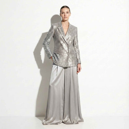 Sequin blazer and wide leg palazzo set, front view - ARTSAY