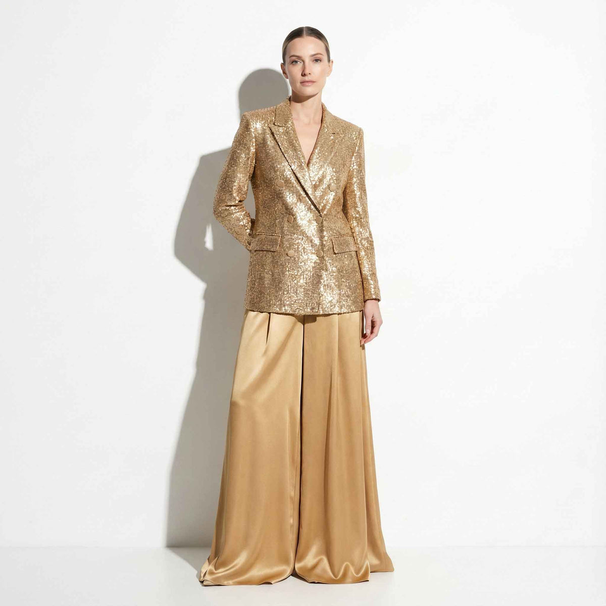 Woman wearing sequin palazzo set, styled look - ARTSAY