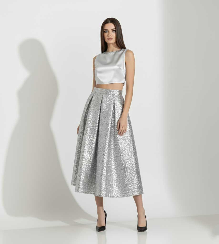Woman wearing a silver top and sequin skirt on a white background