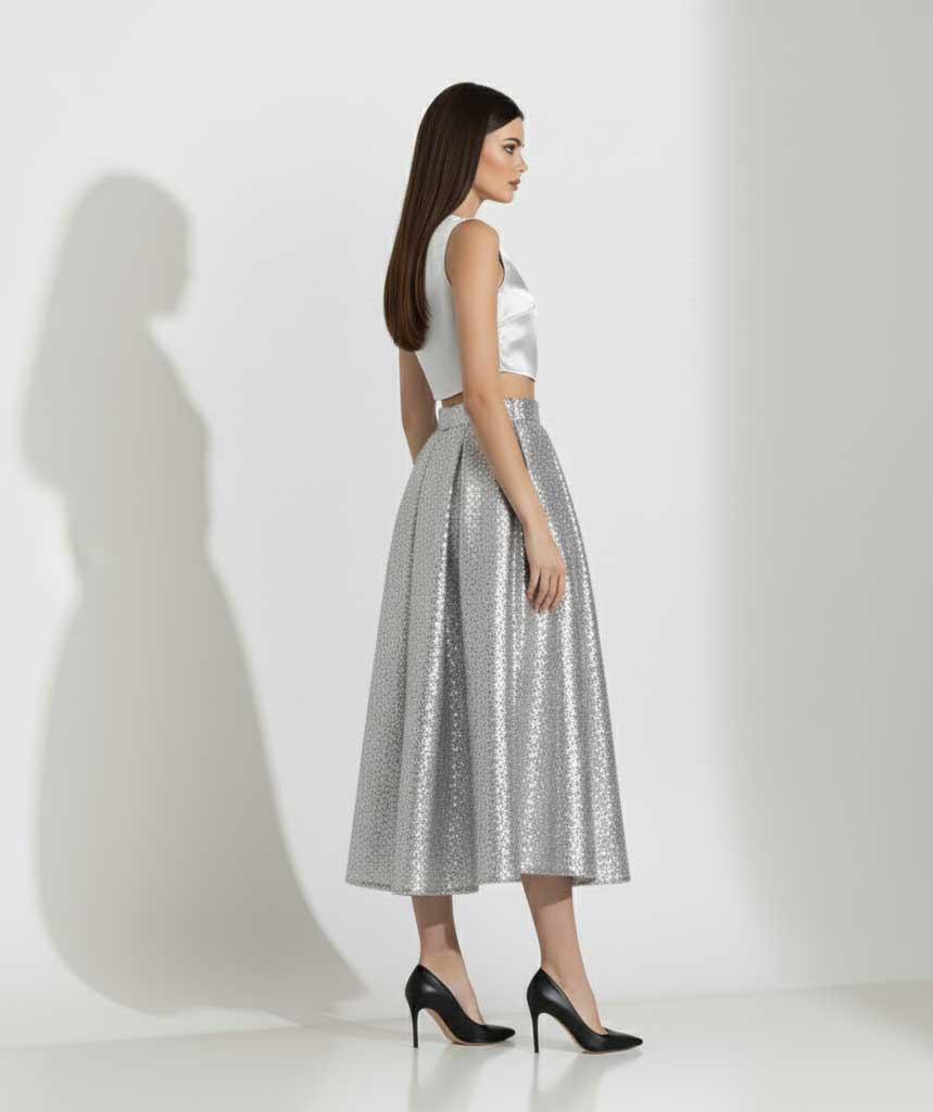 Woman wearing a white sleeveless top and silver metallic skirt on a white background