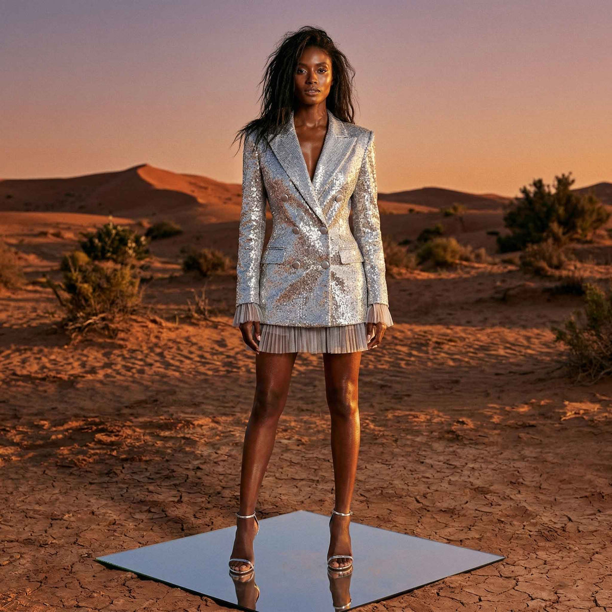 Silver sequin double-breasted blazer, front view - ARTSAY