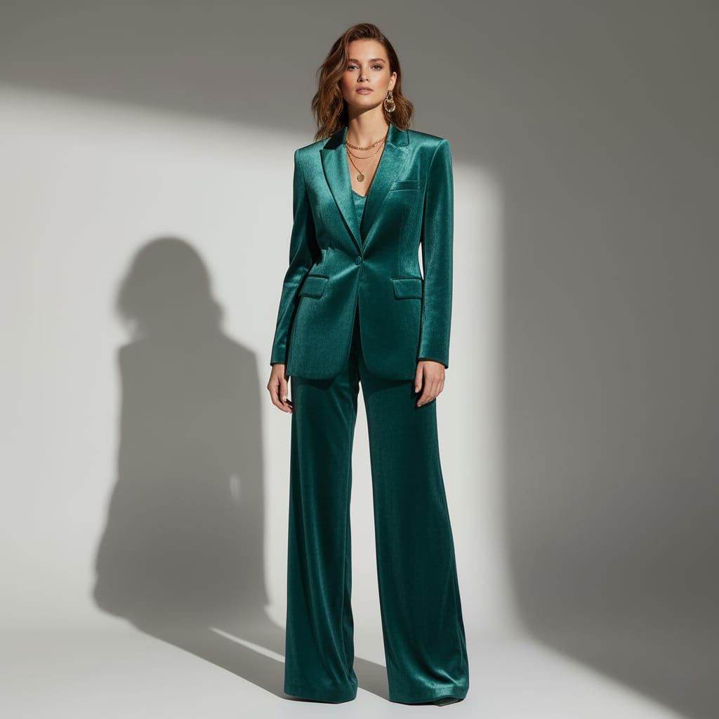 Solid velvet blazer and pant suit, front view - ARTSAY