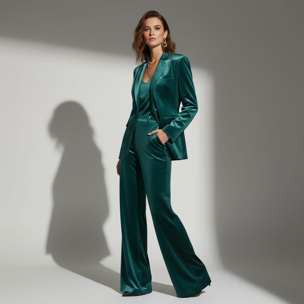 Woman wearing velvet pant suit, styled look - ARTSAY