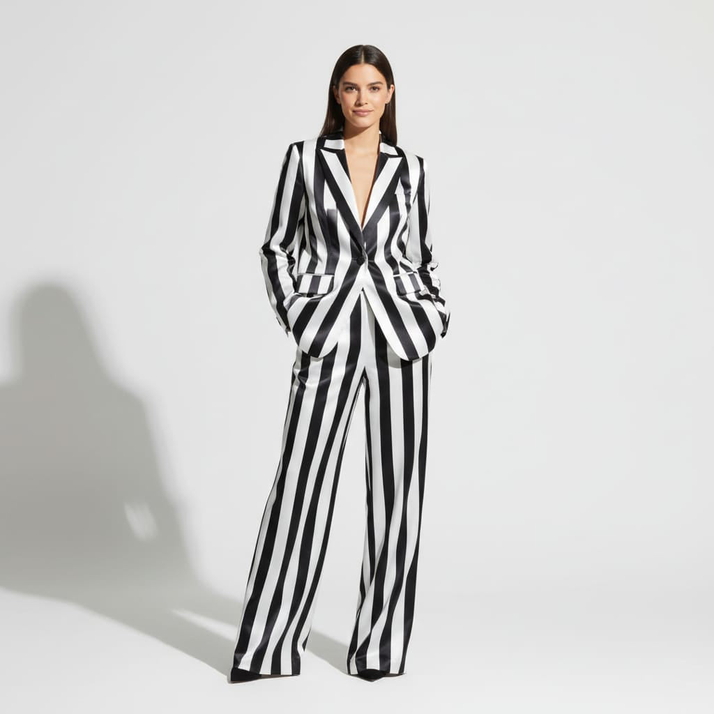 Striped blazer and pant suit, front view - ARTSAY