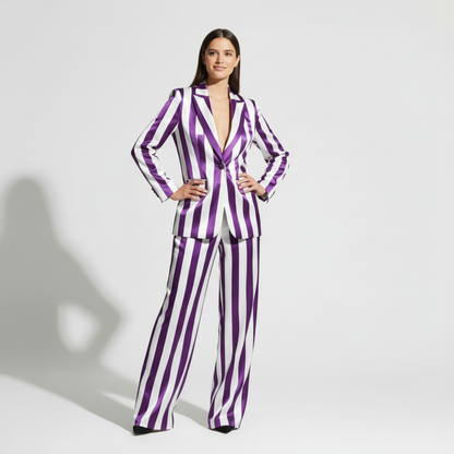 Woman wearing striped pant suit, styled look - ARTSAY