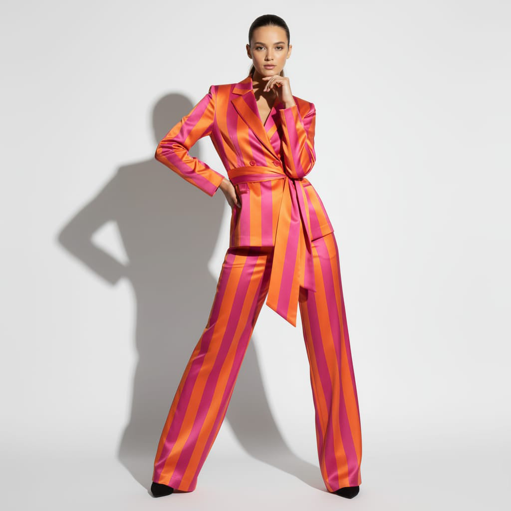 Striped double-breasted blazer and pant suit, front view - ARTSAY