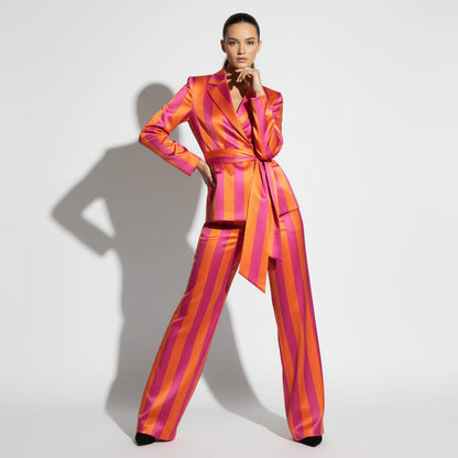 Striped double-breasted blazer and pant suit, front view - ARTSAY