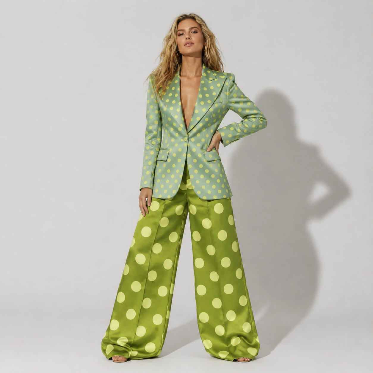 Green polka dot blazer and pant suit, front view - ARTSAY