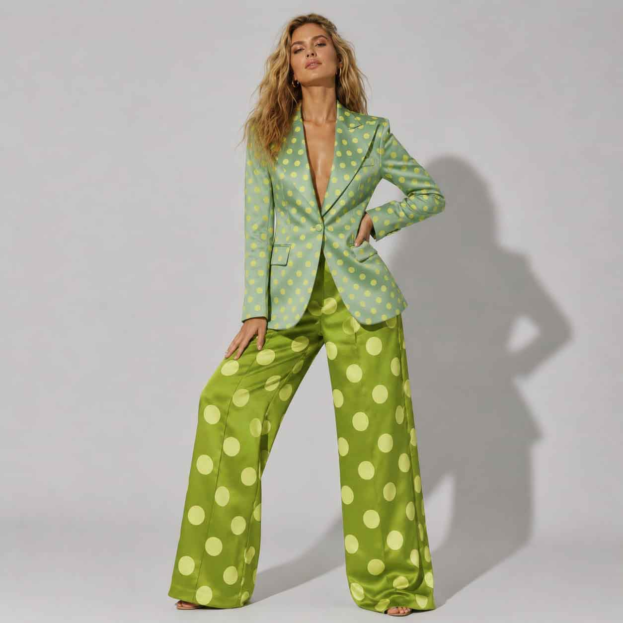 Woman wearing green polka dot suit, styled look - ARTSAY