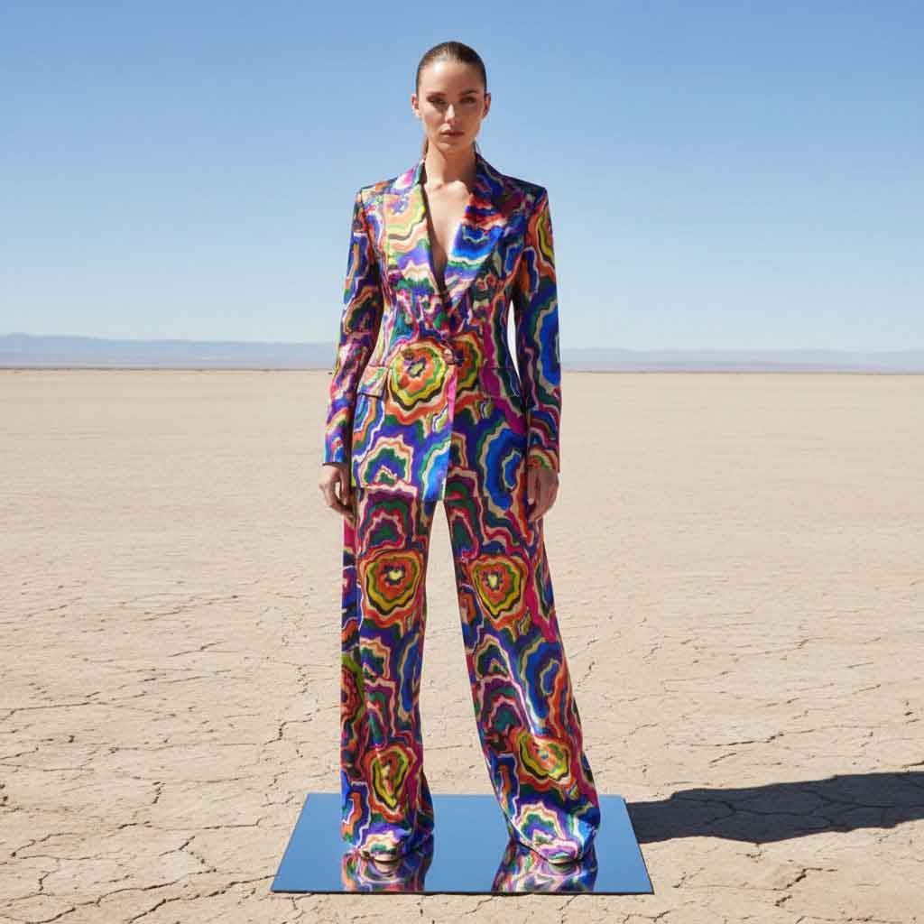 Vibrant multi-color printed blazer and pant suit, front view - ARTSAY