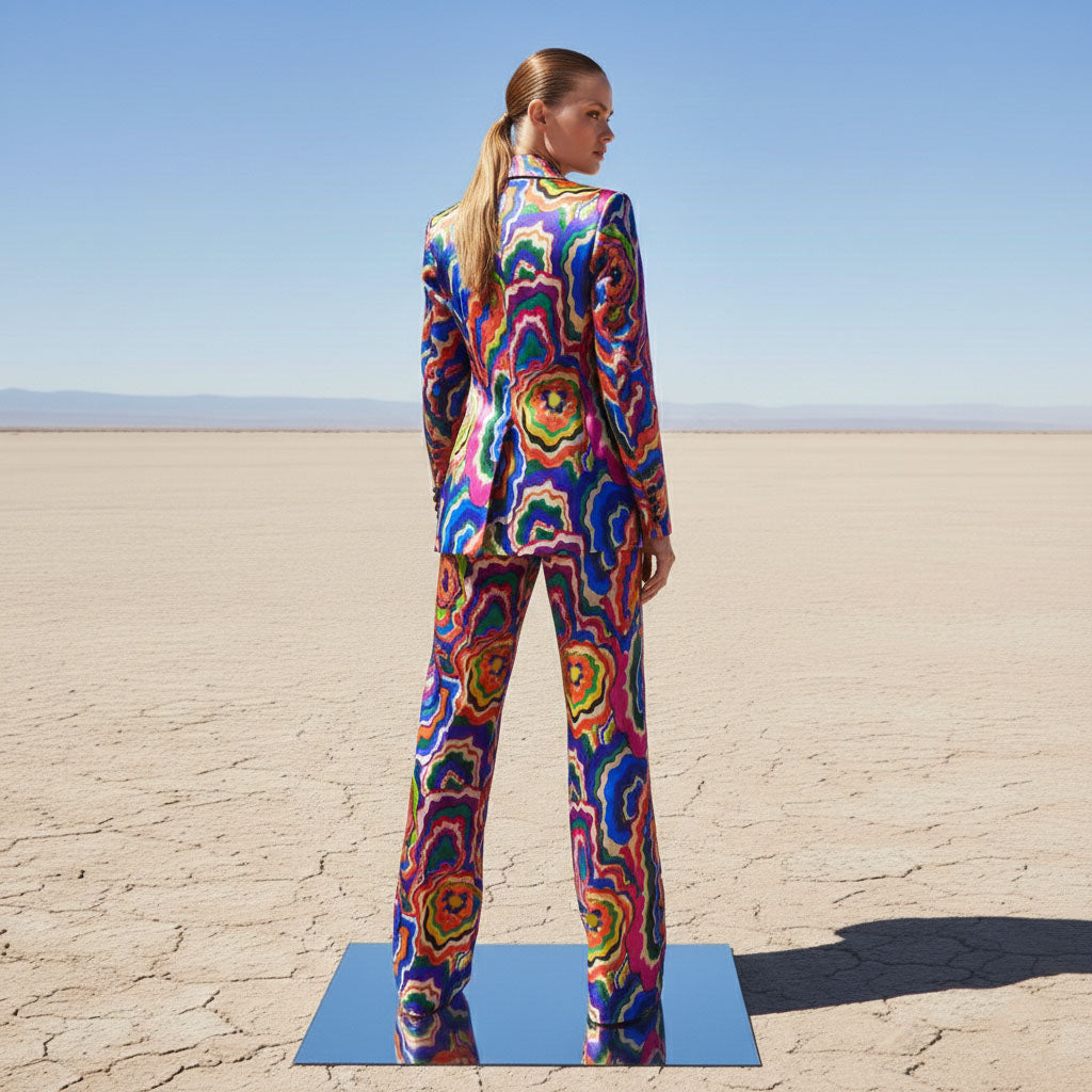 Close-up of multi-color print pattern on blazer - ARTSAY