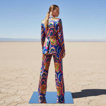 Close-up of multi-color print pattern on blazer - ARTSAY