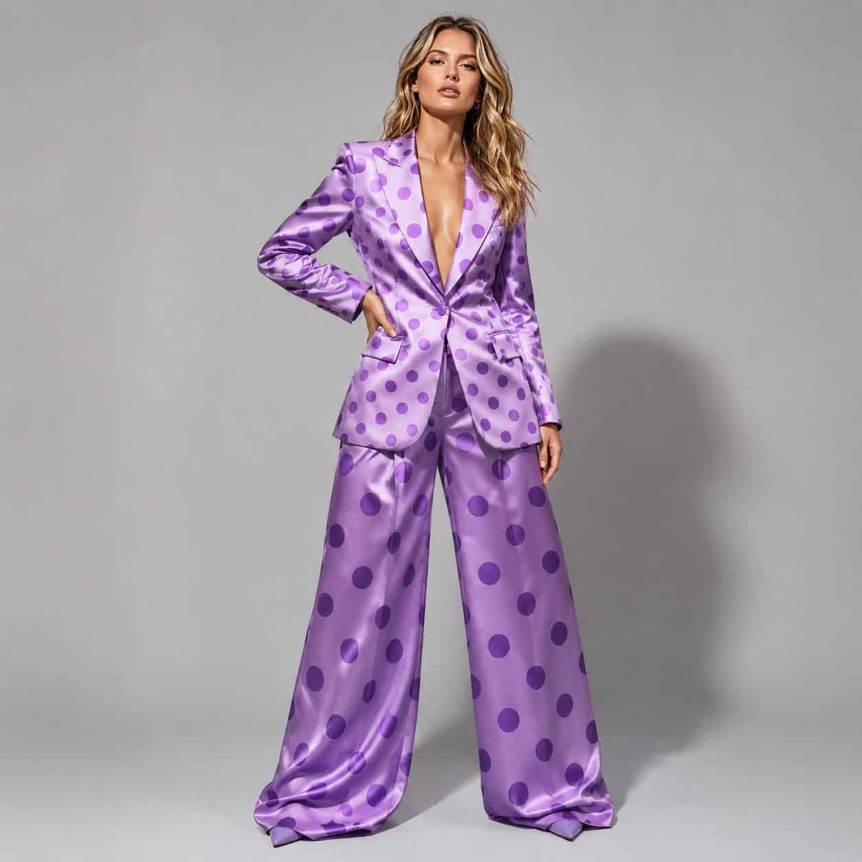 Purple polka dot blazer and wide leg trouser set, front view - ARTSAY