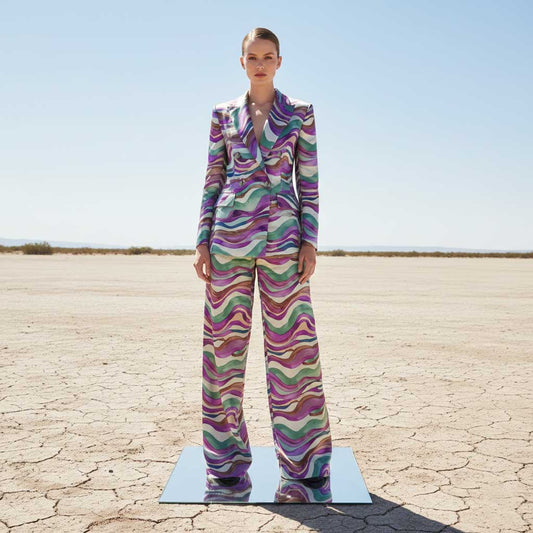Wave print blazer and wide leg trousers, front view - ARTSAY