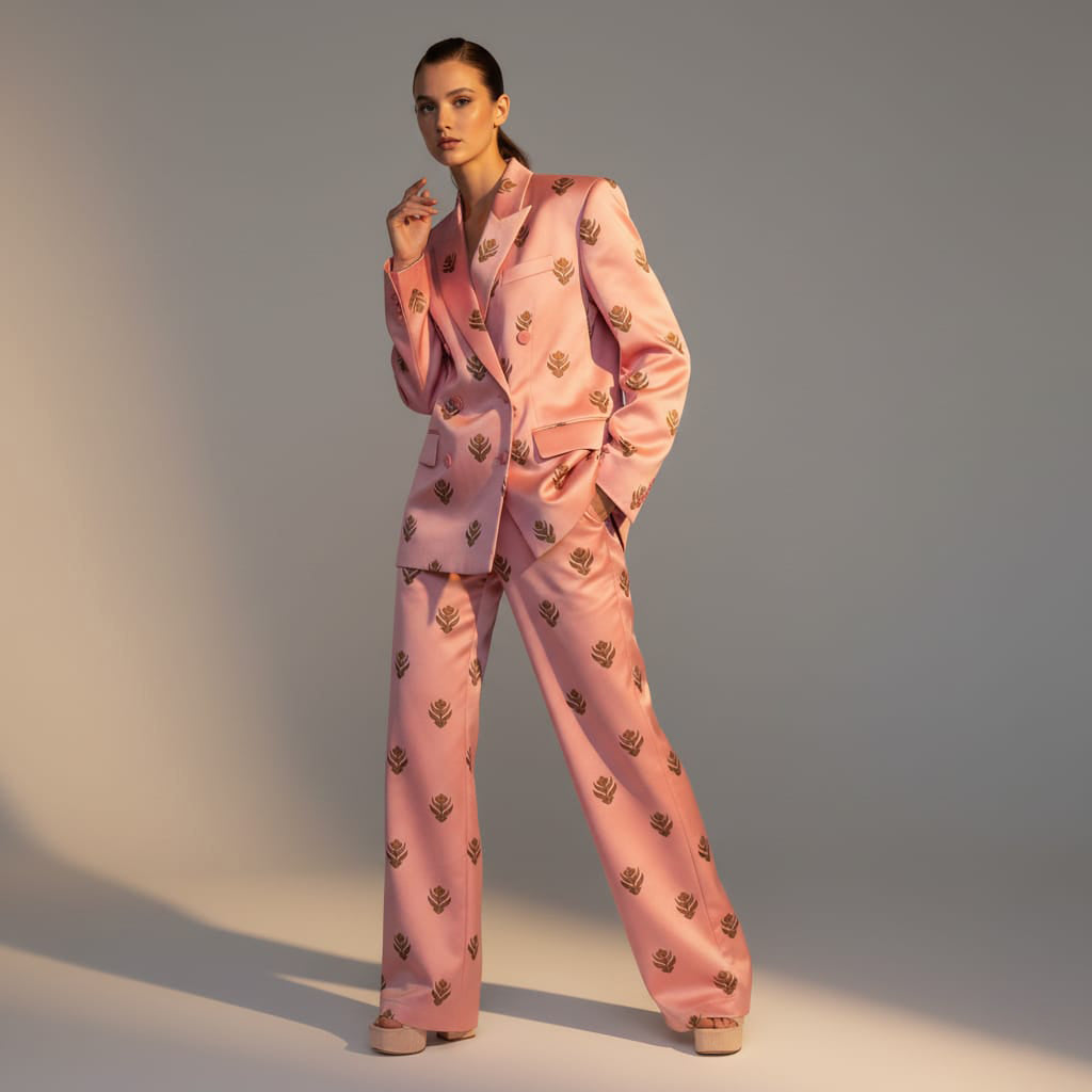 Peach Pink Brocade Silk Pantsuit