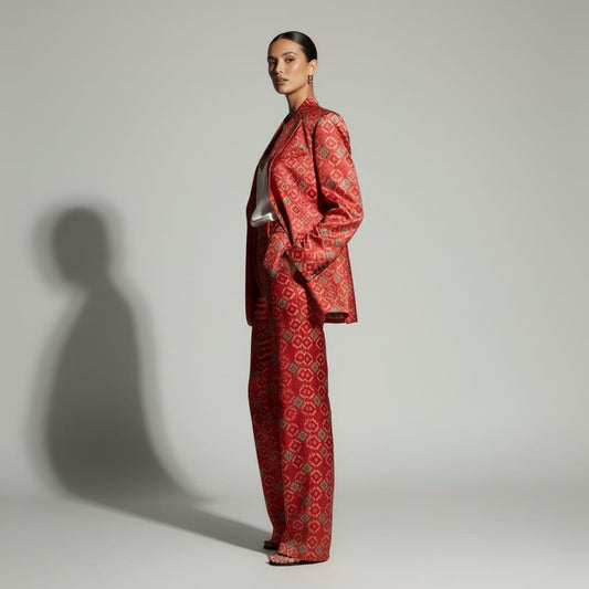 Red Brocade Silk Pantsuit
