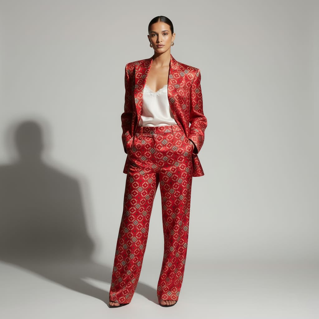 Red Brocade Silk Pantsuit