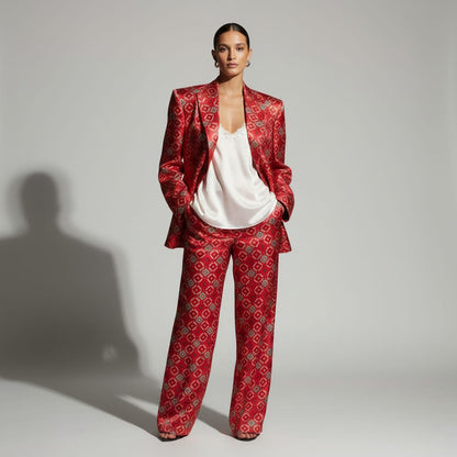 Red Brocade Silk Pantsuit