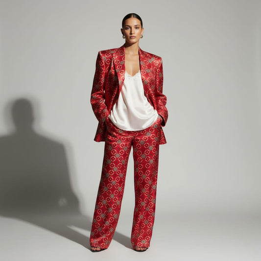 Red Brocade Silk Pantsuit