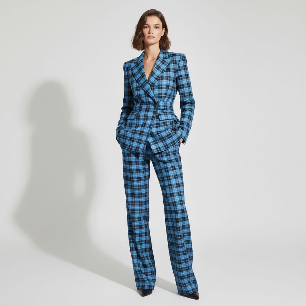 Blue Plaid Flannel Pant Suit