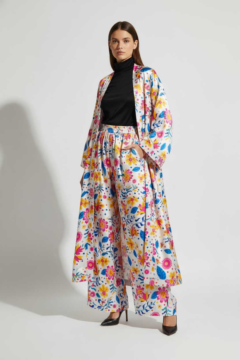 Woman wearing a colorful floral outfit on a white background