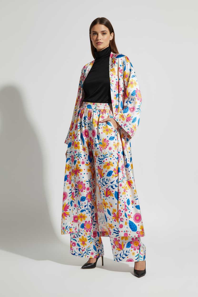 Woman wearing a colorful floral kimono set on a white background