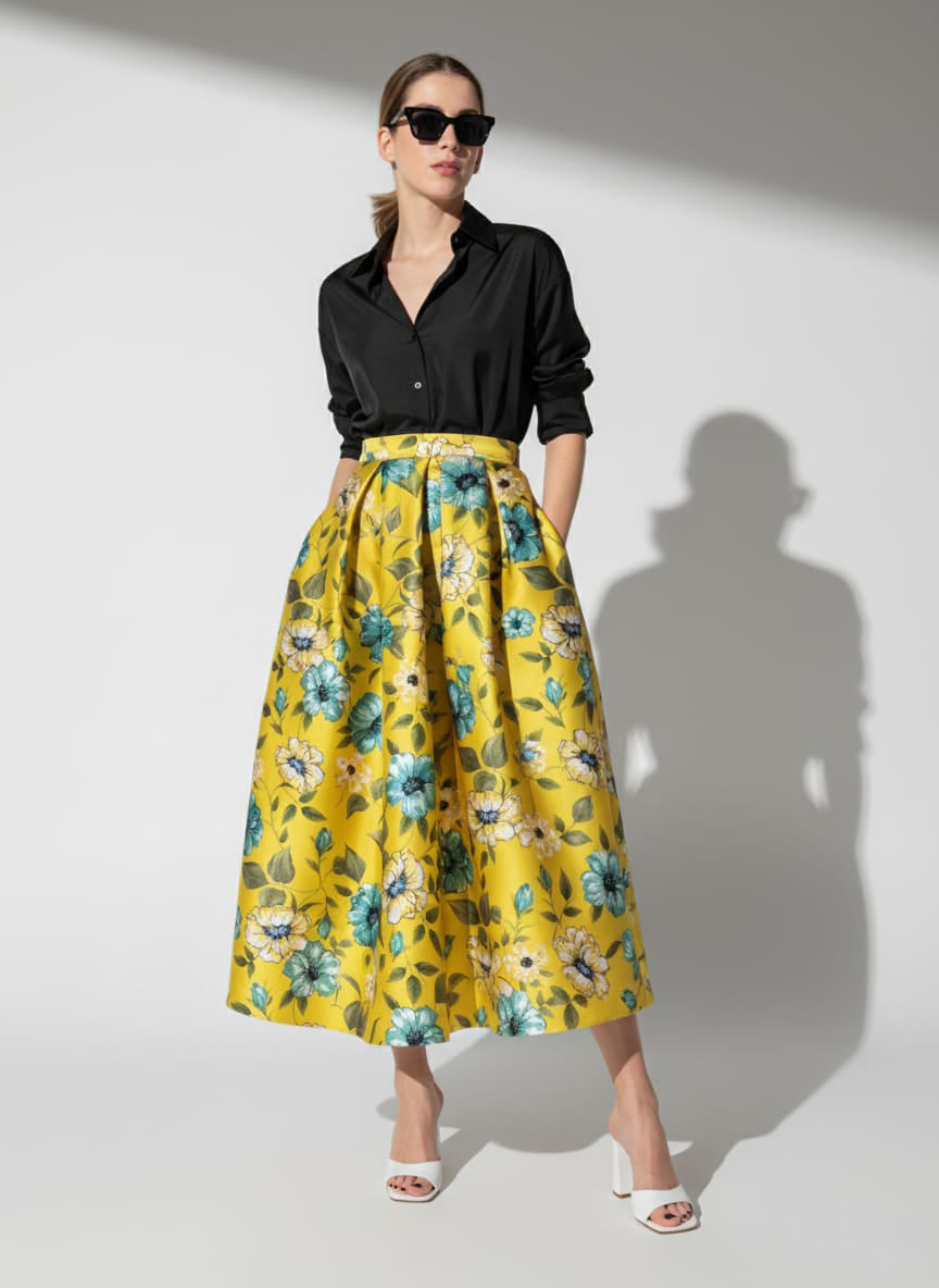 Woman wearing a black shirt and yellow floral skirt against a white background