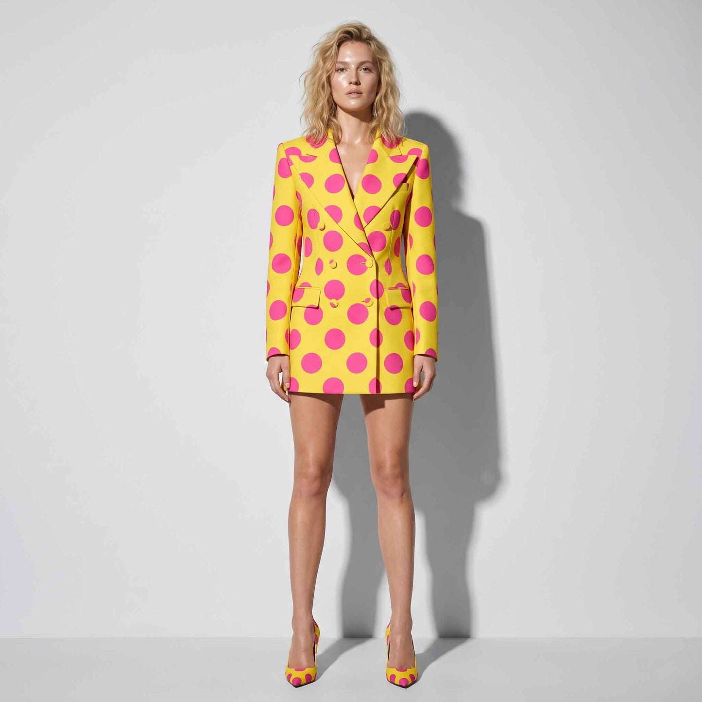 Yellow and hot pink polka dot statement blazer, front view - ARTSAY