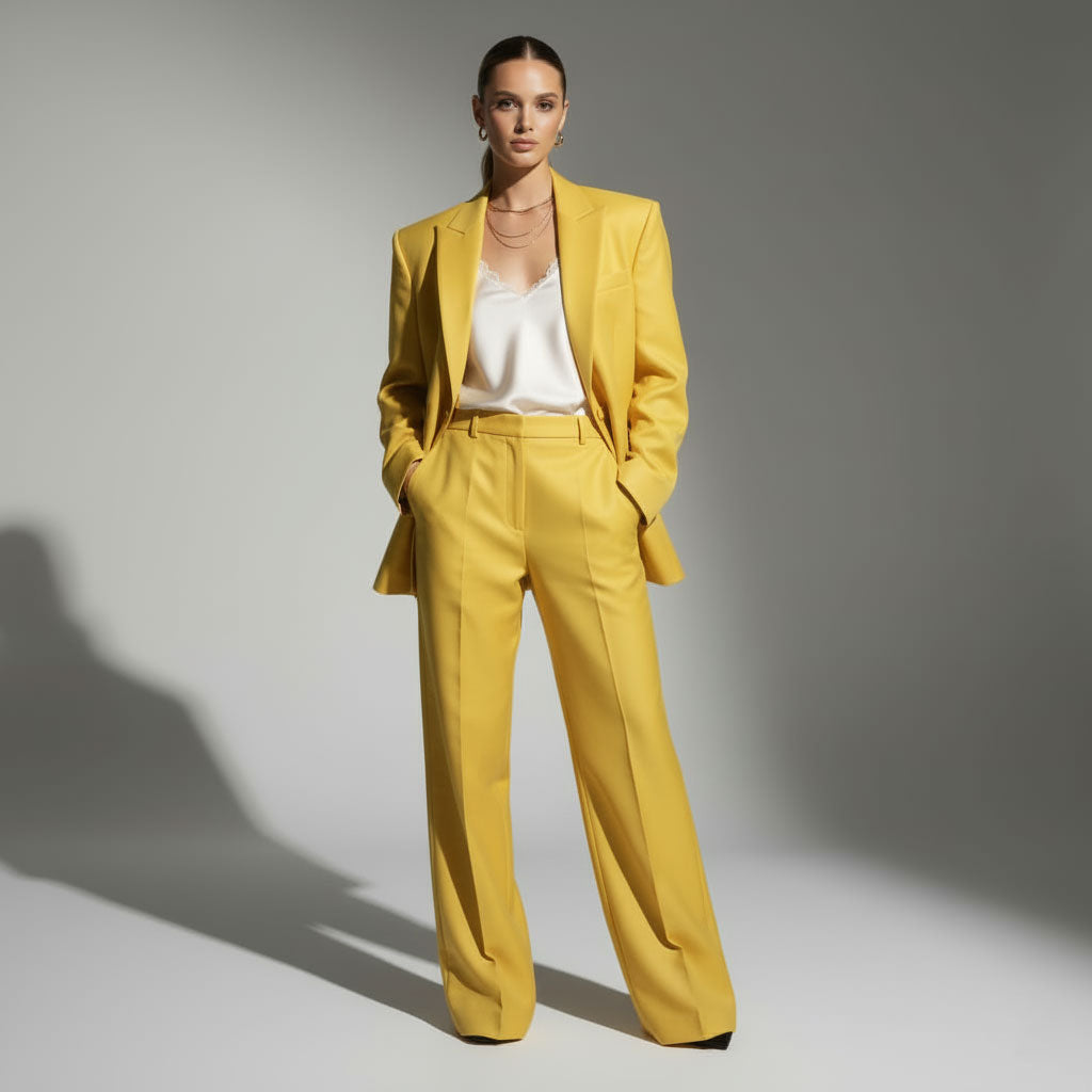 Yellow oversized blazer and wide leg pant set, front view - ARTSAY