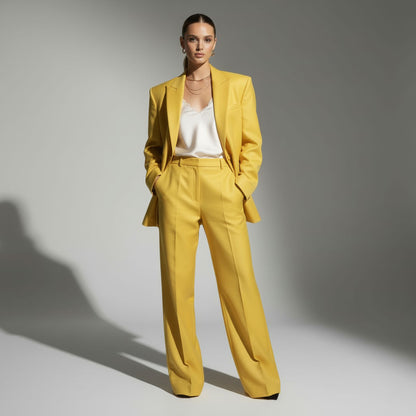 Yellow oversized blazer and wide leg pant set, front view - ARTSAY