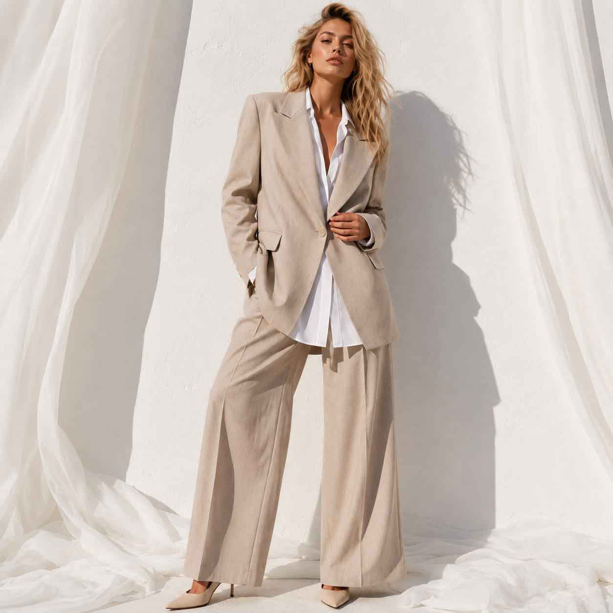 Linen blend blazer and pant suit set, front view - ARTSAY