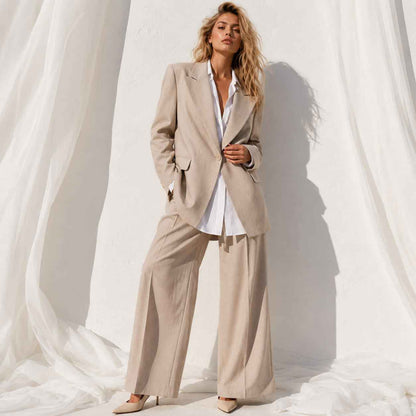 Linen blend blazer and pant suit set, front view - ARTSAY