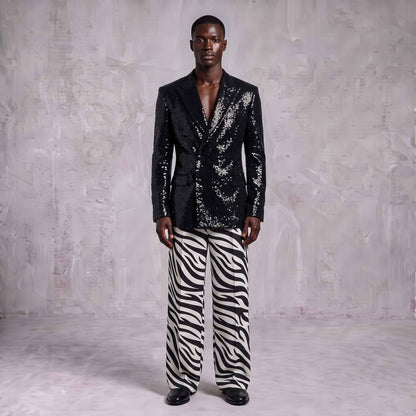 Black Sequin Blazer & Zebra Print Men's Suit