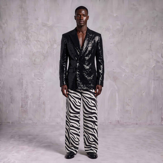 Black Sequin Blazer & Zebra Print Men's Suit