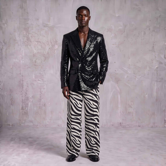 Black Sequin Blazer & Zebra Print Men's Suit