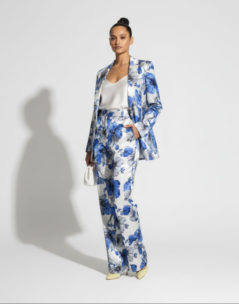 Blue floral print blazer and pant suit, front view - ARTSAY