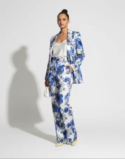 Blue floral print blazer and pant suit, front view - ARTSAY