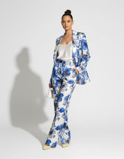 Close-up of floral print pattern on blue blazer - ARTSAY