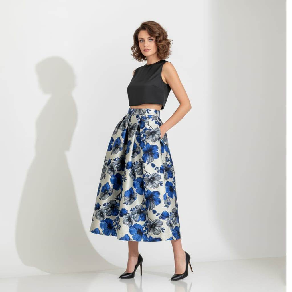 Woman wearing a black top and blue floral skirt on a white background